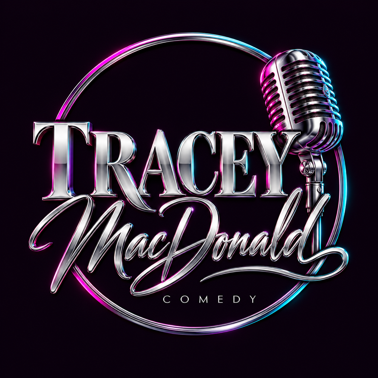 Tracey MacDonald Comedy chrome microphone logo